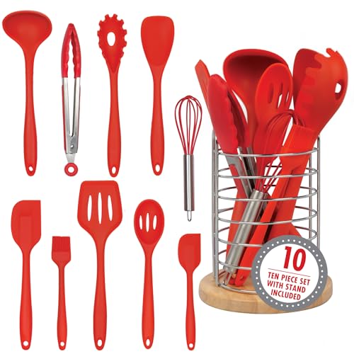 Comparison: Best Tools Of The Trade Nonstick 10 Silicone Kitchen Cooking Utensils w Bamboo Holder- 10 Pc Gourmet Non-Stick, Heat Resistant, Premium Kitchen Tools Set- Spatula, Spoon, Slotted Spoon, Tongs, Basting Brush, Whisk, Ladle- Host Gift