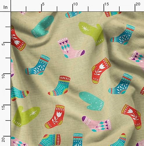 Image of Soimoi Beige Polyester Crepe Fabric Socks & Gloves Folk Art Print Fabric by the Meter 42 Inch Wide