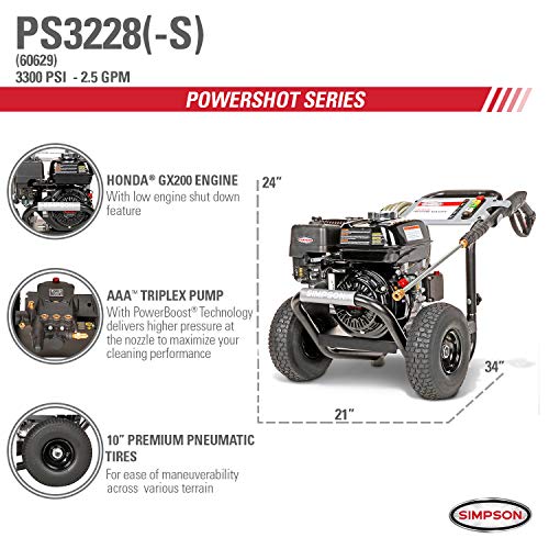 SIMPSON Cleaning PS3228 PowerShot Gas Pressure Washer Powered by Honda GX200, 3300 PSI at 2.5 GPM, Black