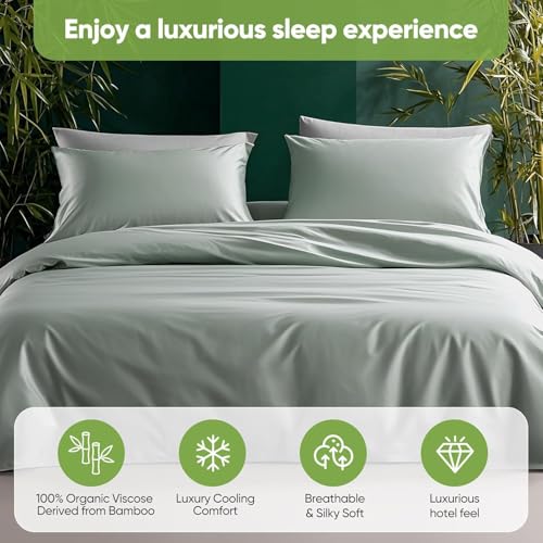 Image of TWK Luxury Sheet Set, Genuine 100% Organic Viscose Derived from Bamboo, Cooling & Breathable, Silky Soft, Bedding Sheets & Pillowcases (Sea Glass, King)