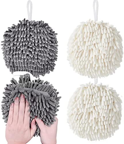 Yigood 4 PCS Chenille Hanging Hand Towels Quick Dry Hanging Absorbent Soft Hand Bath Towel, Bathroom Fluffy Microfiber Decorative Towels Ball，Cleaning Cloth for Bathroom Kitchen