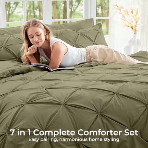 Image of Sasttie King Size Comforter Set, 7-Piece Bed in a Bag, Pintuck Bedding Sets for All Season, Includes Comforter, Flat Sheet, Fitted Sheet, Pillowcases and Pillowshams, Olive Green