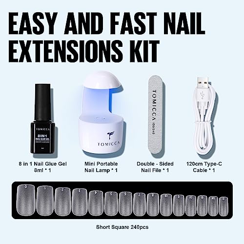 TOMICCA Nail Tips and Glue Gel Kit,Nail Extension Kit-4 In 1 Nail Glue and Base Gel,240Pcs Short Square Nails with Portable LED Nail Lamp DIY Nail Art Acrylic Nail Starter Kit Gifts Set - Image 3