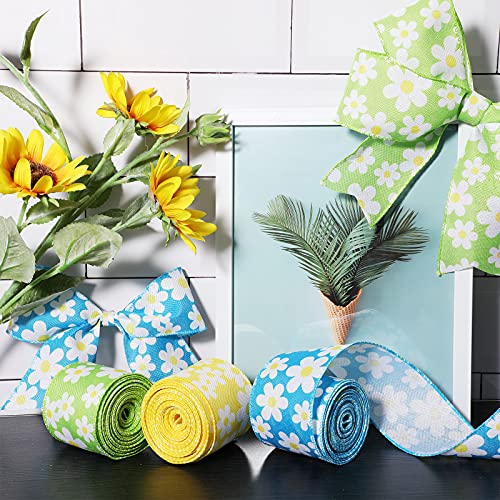 3 Rolls/ 30 Yards Flower Daisy Wired Edge Ribbons 2.5 Inch Summer Spring Floral Burlap Ribbon Fabric Craft Flower Pattern Ribbons For Wrapping Diy Bows Wreath Party Home Decorations Making #TOP3