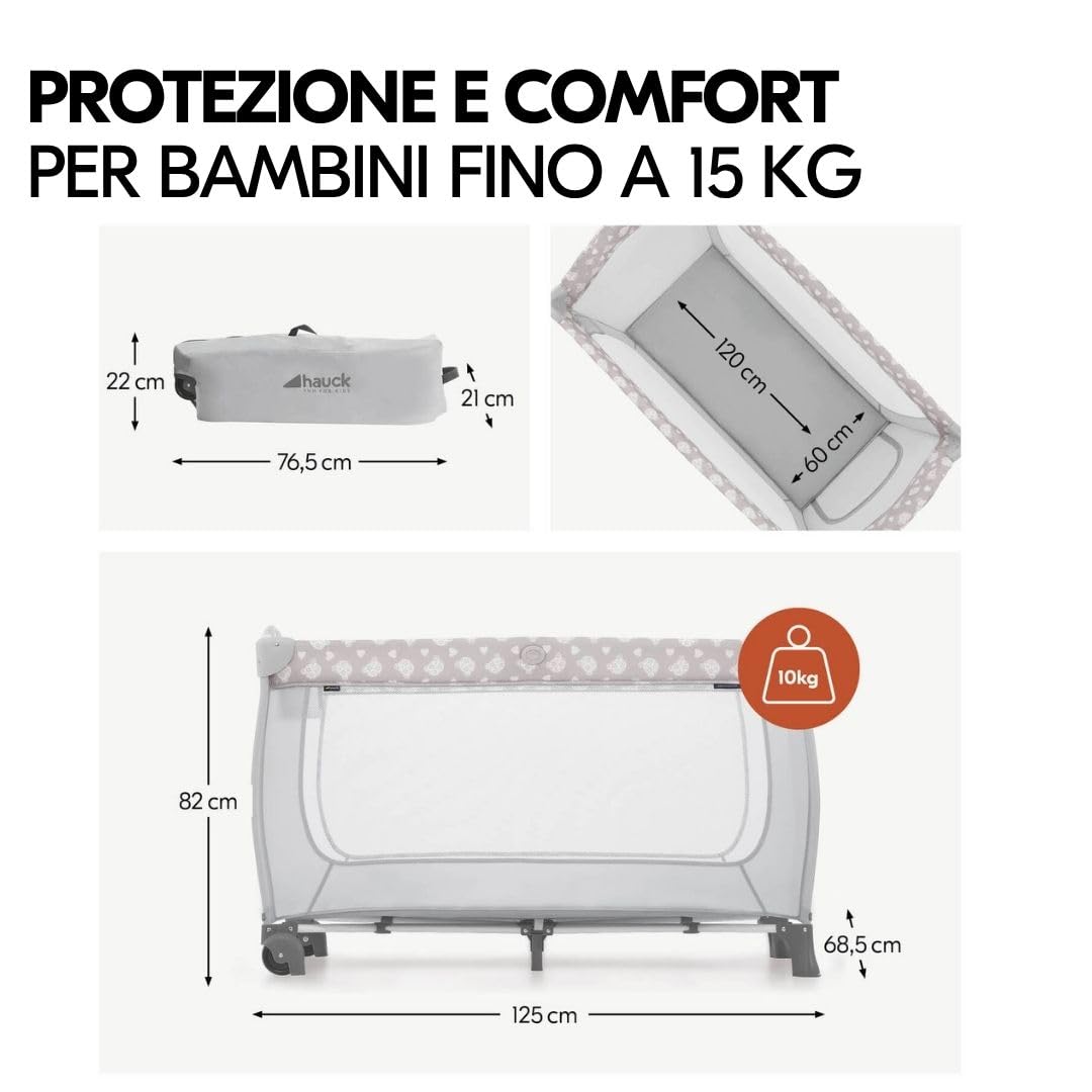 hauck Lettino Da Viaggio Sleep N Play Center Set con Materasso Comfort e Zanzariera | Lettino Campeggio Neonato con Fascia Rialzata, Fasciatoio e Borsa Trasporto - Teddy Grey