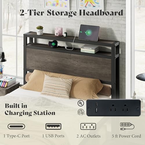 Image of AMERLIFE Twin Size Bed Frame with Storage Headboard & Charging Station, Industrial Metal Platform Bed with Large Under-Bed Storage, Heavy Duty Slats, No Box Spring Needed, Rustic Grey