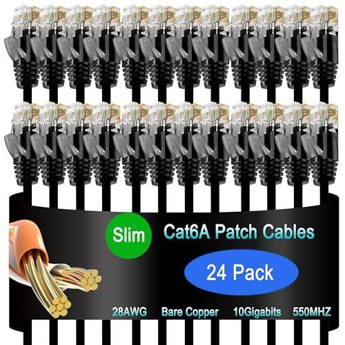 Cat6a Slim Ethernet Patch Cable 1 ft (24 Pack), Cat6a Patch Cable for Data Centers, Cat 6 Patch Cable 10G, Network Patch Cables for Home and Enterprise Network -Black