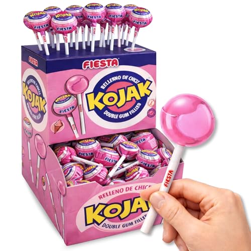 Caramelo con Palo Sabor helado de fresa, Caramelo relleno de Chicle Kojak, Apto para veganos, sin gluten, sin huevo y sin lactosa es completamente apto para celíacos, Contiene 1 caja con 100 unidades