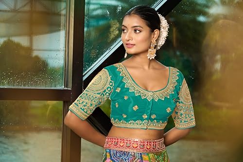 Pujia Mills Women's Indian Ethnic Wear Designer Golden Codding With Matching Embroidered Work Round Neck Half Sleeve Readymade Padded Saree Blouse Rama Readymade Work Blouse