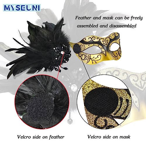 MYSEUNI Glod Masquerade Mask for Couples, Women's Mask with Feathers & Venetian Masks for Men, Party, Mardi Gras, Halloween - Image 3