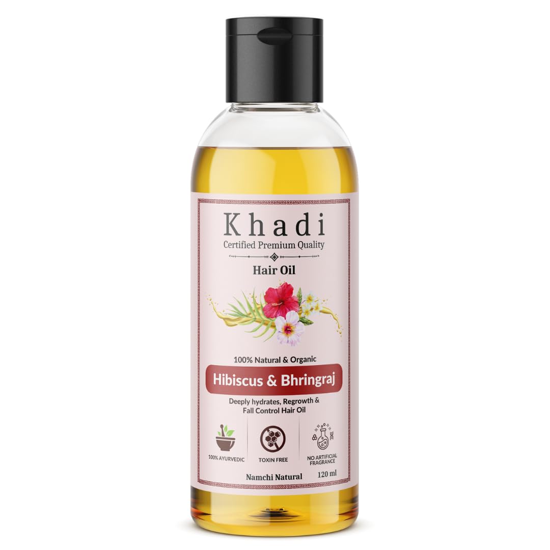 Khadi Natural Hibiscus and Bhringraj Hair Oil | Ayurvedic Herbal Oil for Hairfall Control & Nourishment | Organic Hair Oil for Women & Men | Pure Natural Scalp & Hair Care 120 ml