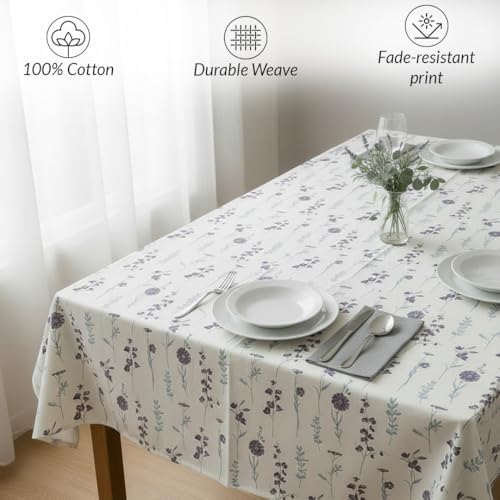 Image of HOMEMONDE 100% Cotton 4 Seater Table Cloth, 45 x 60 Inches Floral Printed Table Cover for Home Decor (114 X 152 cm, Blue & Purple)