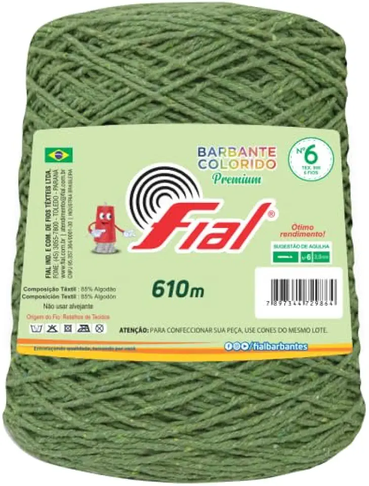 Barbante Fial N°6 Colorido 600g para Crochê e Tricô Macio (Verde Oliva - 46)