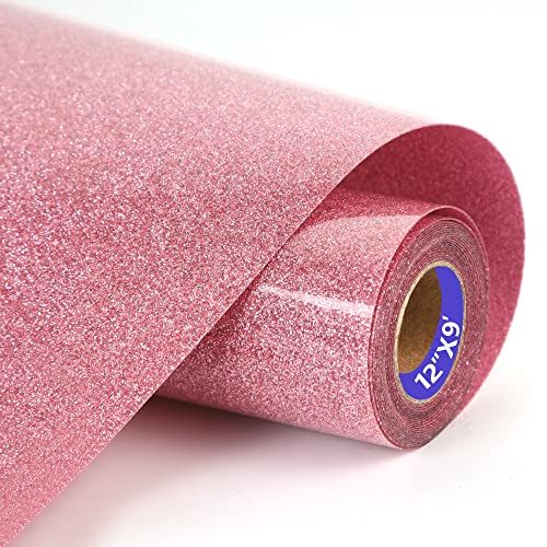 Image of HTVVETUR Glitter HTV Vinyl Rolls Heat Transfer Vinyl - 12 inch x 9ft Glitter Pink HTV Vinyl for Shirts, Iron on Vinyl for Cameo - Easy to Cut & Weed for Heat Vinyl Design (J009 Glitter Pink-9ft)