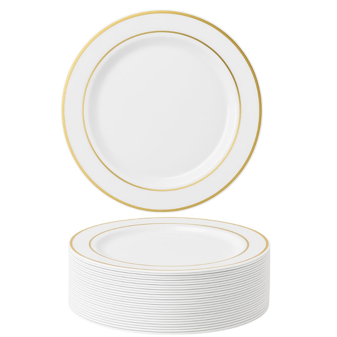 MATANA 100 Premium White Plastic Dinner Plates with Gold Rim, 26cm / 10 Inch - Elegant & Reusable Party Plates for Weddings, Birthdays, Picnic, BBQ, Parties โ image 1