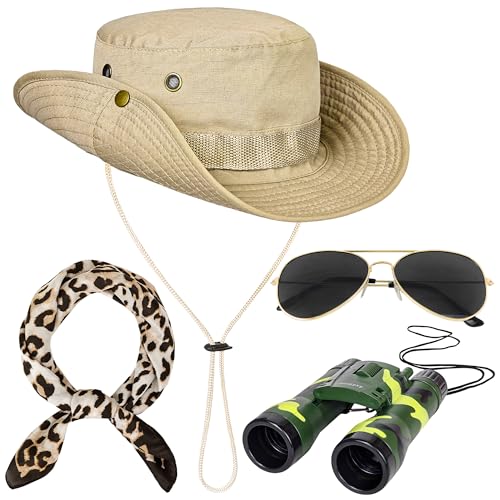 Horolam 4 Stück Safari-Kostüm Safari Kleidung Damen Mit Safari-Hut Fernglas Sonnenbrille Teleskop Halstuch Für Frauen Halloween Cosplay Karneval