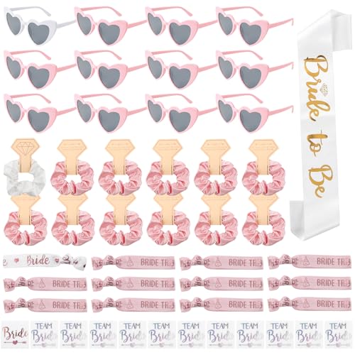 Aitsite 49 Stück Jga Accessoires Frauen Set JGA Accessoires mit Sonnenbrille Herz Bride To Be Schärpe & Schleier Tattoos Armbänder Junggesellenabschied Frauen Rosa Weiß Dekoration Team Bride