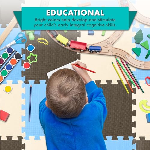 Image of ProSource Baby Play Mat, Soft Foam Floor Tiles for Kids, Interlocking EVA Panels for Playpen Use, Crawling Development Surface, Safe Non-Toxic Toddler Flooring, 16 Tiles, Blue /Brown /Beige