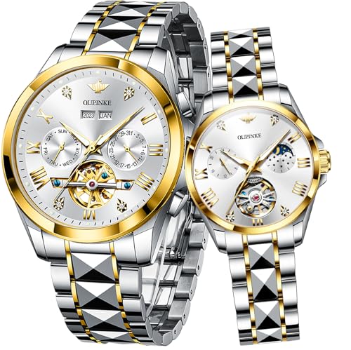 Image of OLEVS Couple Pair Watches Set Automatic Mechanical Self Winding Dress Matching Watch for His and Hers Valentines Day Gifts
