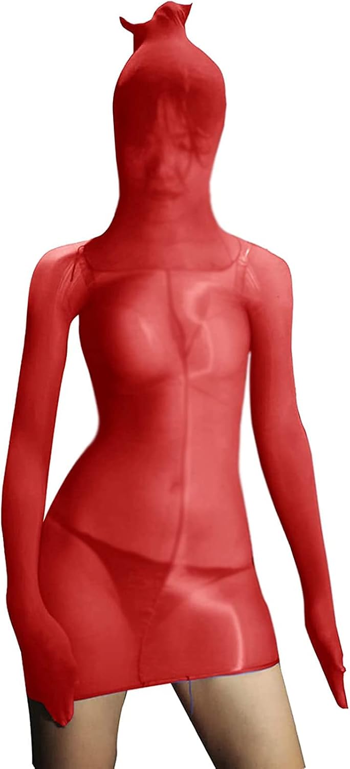 leesuo Unisex 8D Oil Shiny Glossy Sheer Bodystocking See Through Silky Mini Dress with Gloves Hood