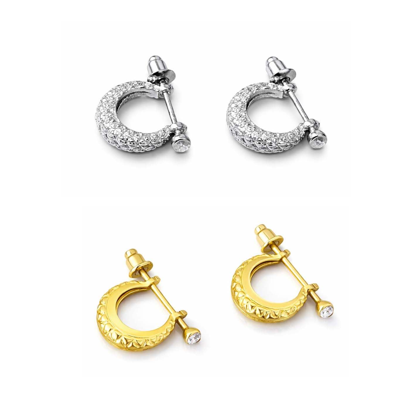 de-ultimate Combo of (2 Pair) Unisex Fancy & Stylish Trending Stainless Steel Golden & Silver Cubic Zirconia Kundal Bali/hoop Round Shaped Textured Design Clip on Metal Barbell Press Screw Ear Piercing Earrings for Men & Women-picture-26