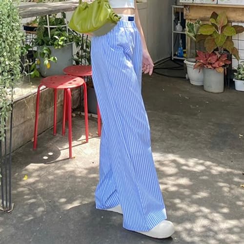 VISGOGO Womens Striped Blue Linen Pants Women Wide Leg Trousers Straight Elastic High Waist Loose Fit Y2K Fashion Pants4
