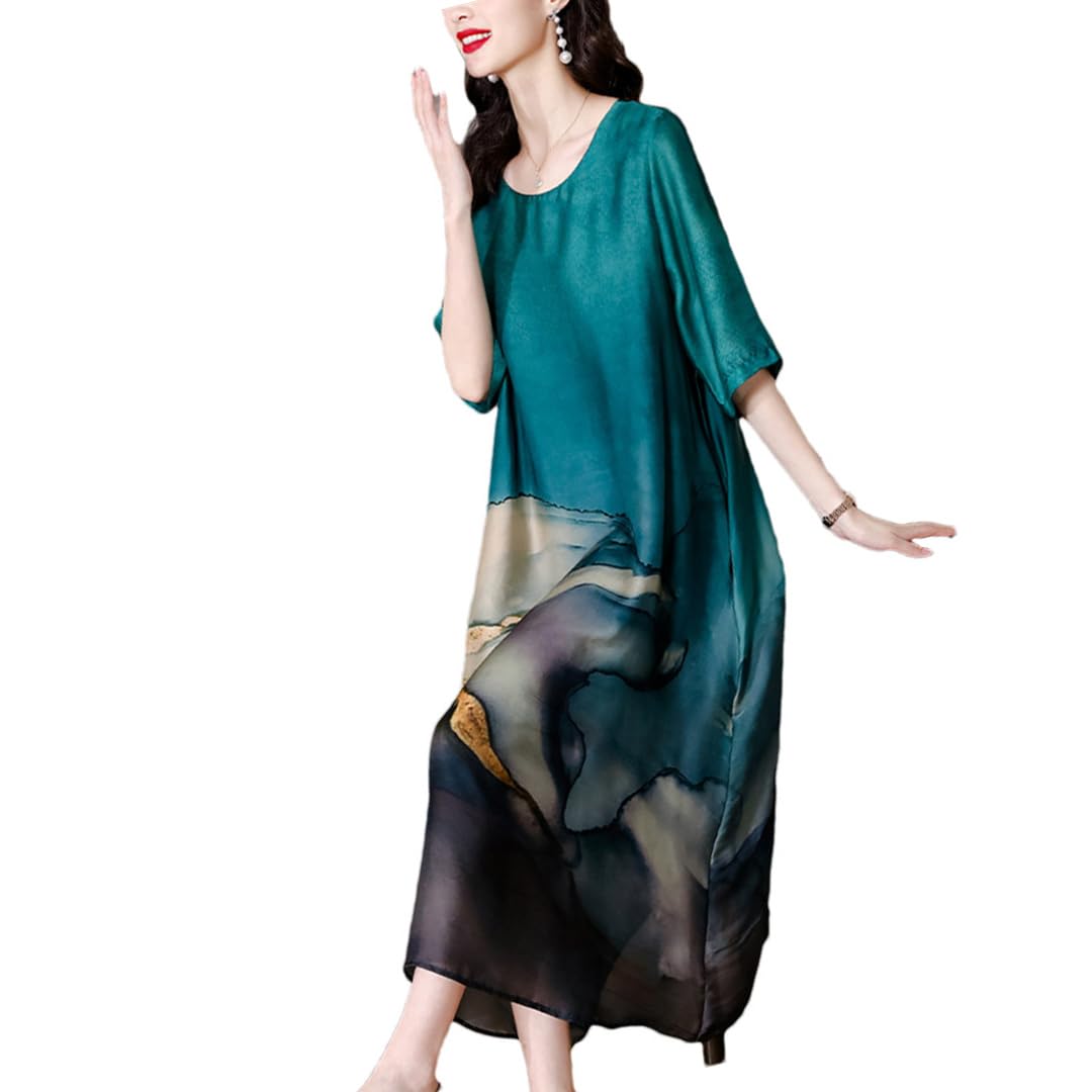 Mkjuuior Damska jedwabna sukienka z nadrukiem plus size, luźna, elegancka sukienka z wysokim stanem, okrągły dekolt, EN8, L