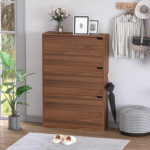 Image of BORNOON Shoe Cabinet with 3 Flip Drawers, Slim Narrow Shoe Storage Cabinet, Freestanding Shoe Organizer with Adjustable & Removable Shelves, Top Display Shelf for Entryway, Hallway, Foyer, Closet