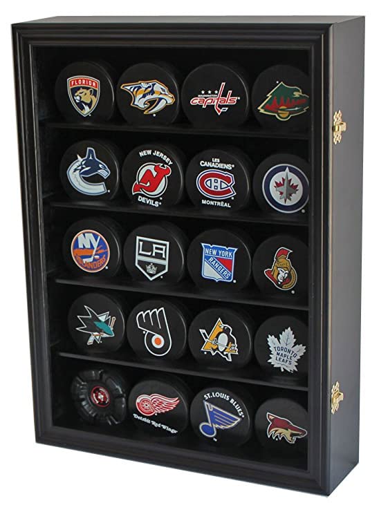 Hockey Puck Display Case Shadow Box Wall Cabinet (Pucks not inlcuded), UV Protection Door