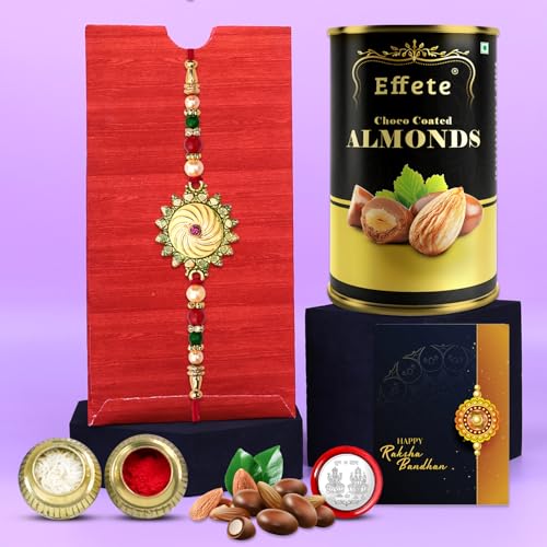 Image of DeoDap Chocolate with Rakhi Set for Brother - Stylish Round Design with Multicolor Mina & Beads Rakhi with Choco Almond (96 GM) - Silver Color Pooja Coin & Greeting Card, Raksha Bandhan Combo for Bhai