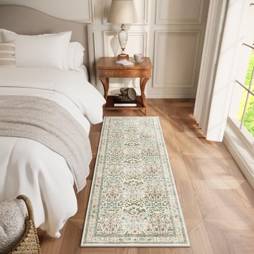 Image of Non-Slip Washable Runner Rug 2x6, Beige & Blue Vintage Design for Hallway, Kitchen, Laundry Room & Bathroom