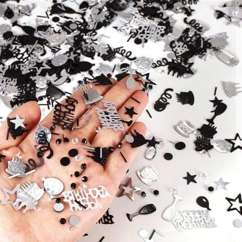 Image of Silver and Black Happy Birthday Confetti, 3000 Pcs Birthday Cake Table Metallic Foil Confetti Party Table Decor for Party, Baby Shower, DIY Arts and Crafting