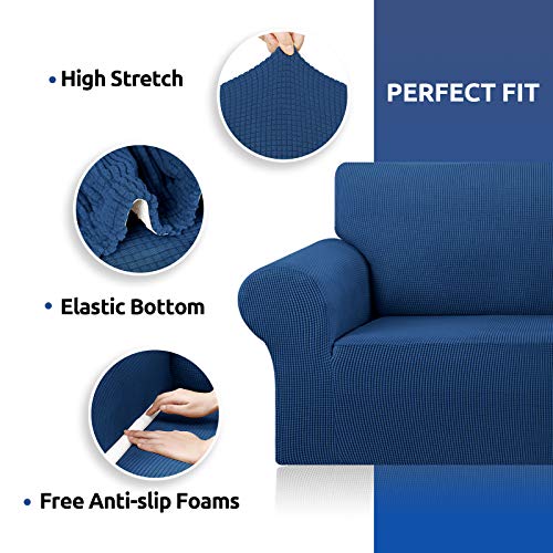 KEKUOU Stretch Sofa Cover Slipcover ,Couch Covers for 3 Cushion Couch Sofa pet Friendly (78"-94") Furniture Protector Sofa with Elastic Bottom for Kids,Dog, Jacquard Small Checked(Large,Classic Blue)