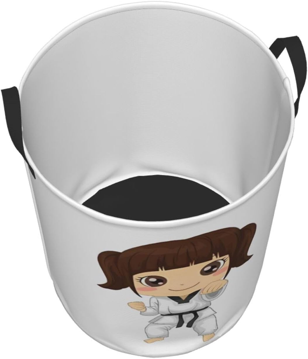 Cute Girl in Taekwondo Pose Laundry Basket Waterproof Collapsible Laundry Hamper with Durable Handle Round Storage Basket Dirty Clothes Organizer for Bathroom Bedroom College Dorm