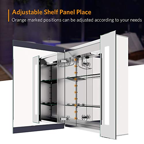 Quavikey Bathroom Mirror Cabinets LED Illuminated Mirrored Bathroom Cabinets Wall Mounted With Light Shaver Socket Demister For Makeup Cosmetic Shaver Charging 650 x 600mm