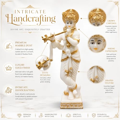 Image of ARMONIA Lord Krishna Idol Marble Dust Statue Murti |Krishana Sculpture for Home Decor,Pooja ghar,Mandir & Gifting Item |Best Gift for Wedding & Housewarming(14.9inch,White) (Include Microfiber Cloth)
