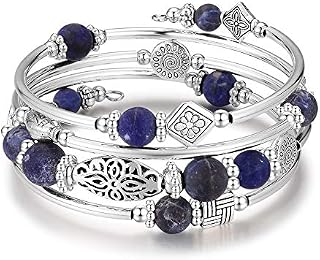 BULINLIN Beaded Silver Bangle Wrap Bracelet for Her, Layered Bohemian Bracelets with Natural Stone, Jewellery Gifts for Women Ladies