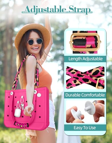 Image of Bag Strap Charms Crossbody for Bogg Bag Accessories - Shoulder Strap Neoprene Luggage Handle Wrap for Suitcase & 2 Key Holders Pink Leopard