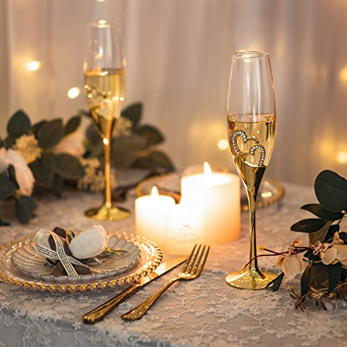 LANLONG Wedding Champagne Goblets Toasting Flute Glasses for Bride and Groom Creative Deluxe Glass Cups with Rhinestone Rimmed Heart Decoration Gift Set - Image 3