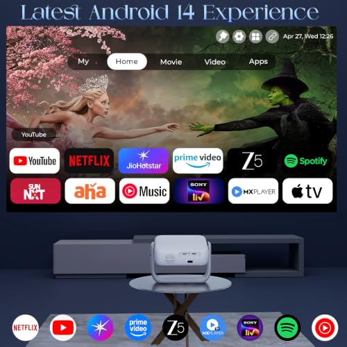Image of WZATCO Yuva Prime, Android 14, Auto Focus Smart Projector, 1080P & 4K Support, Ultra Short Throw, Rotatable Design, Netflix, Prime etc, 11000 Lumens, WiFi 6 & BT, Screen Mirroring, 720P Native, White