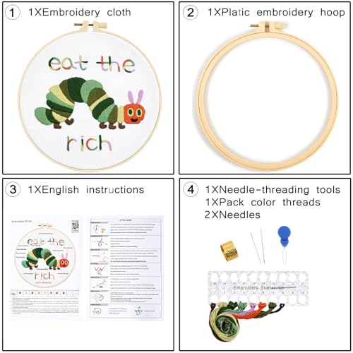 Image of Hungry Caterpillar Embroidery Kits for Beginners Adults, Cute Embroidery Starter Kits, Counted Cross Stitch Kits for Beginners DIY Craft Kits for Adults Women, Embroidery Hoop, Thread & Video Tutorial