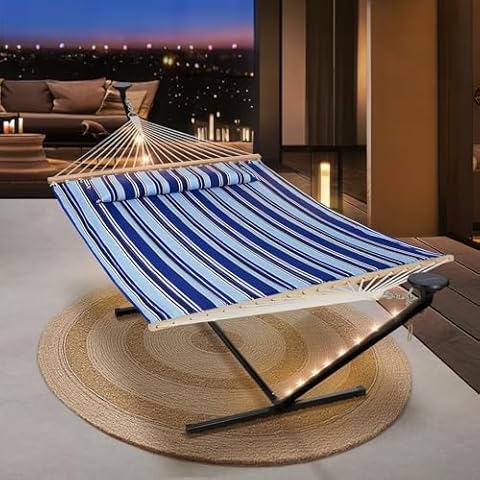 SUNCREAT Double Backyard Hammock with 12 ft Stand, 475 lbs Capacity, Heavy Duty Self Standing Hammock with Solar Powered Lights for Outside, Blue Cover