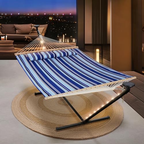 Image of SUNCREAT Double Backyard Hammock with Solar Powered Lights for Outside, 475 lbs Capacity, Heavy Duty Self Standing Hammock with 12 ft Stand, Blue