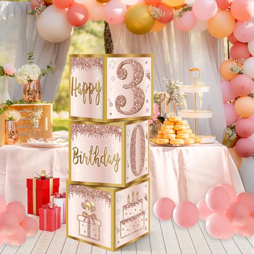 Image of Guiruiy 3Pcs 30th Birthday Decorations Boxes for Women, Pink Rose Gold 30th Birthday Balloons Boxes Party Supplies, Pink Thirty Year Old Bday Theme Cardboard Box Decor