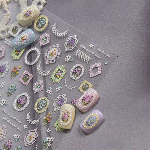 Image of 5D Embossed Vintage Floral Frame Nail Stickers with Lace Accents Self-Adhesive Nail Art Decals for Women Manicure Decorations