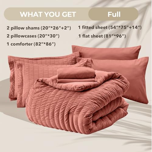 Image of HYMOKEGE Coral Full Size Comforter Sets Seersucker 7 Pieces, All Season Luxury Bed in a Bag for Bedroom, Bedding Set with Comforter, Sheets, Pillowcases & Shams