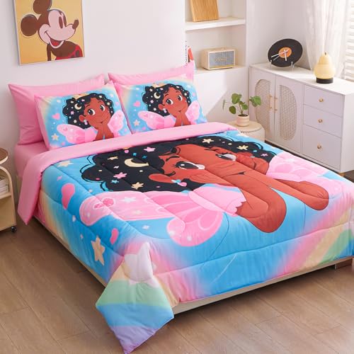 Image of Black Girl Princess with Wings Comforter Set for Girls,Pink Blue Gradient Glitter Rainbow Galaxy 7 Piece Kids Bedding Set Queen,Bed in a Bag with Comforter Sheets Pillowcase & Sham