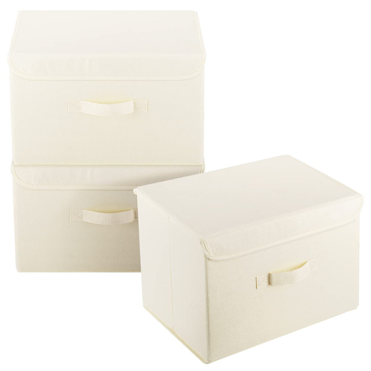 3Pcs Fabric Storage Boxes With Lids For Wardrobe Clothes Toy Foldable Linen 37*24*25cm (Beige)