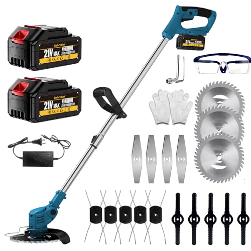 Cordless Grass Strimmer 21V Electric String Trimmer with 2 x 4000mAh Battery Ultra-Lightweight ABS Body & Pure Copper Motor Adjustable Metal Blades for Garden Lawn Edging