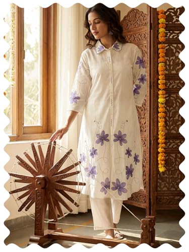 Image of INDO ERA Women's Pure Cotton Embroidered A-Line Kurta & Pant Set (IERAI11820)